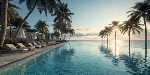 Fototapeta premium Luxurious tropical resort pool lined with swaying palm trees under bright sunlight