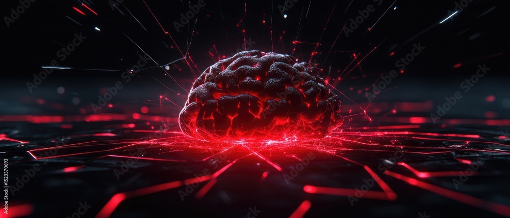 Poster a red brain with radiating light patterns on a dark surface shows intelligence