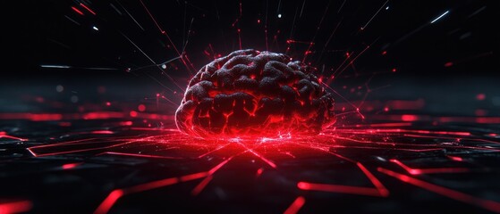 Obraz premium A red brain with radiating light patterns on a dark surface shows intelligence