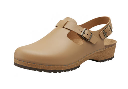 Isolated Fashionable Brown Clog Shoe with Buckle and Transparent Background