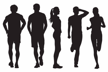 Silhouettes of five people standing and exercising in various poses on a white background