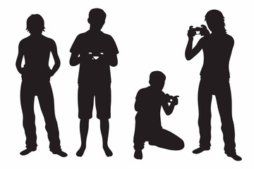 Silhouettes of four people with two holding cameras and one holding a gaming controller device