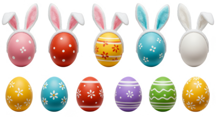 Illustration of Colorful Easter Eggs with Bunny Ears on Transparent Background