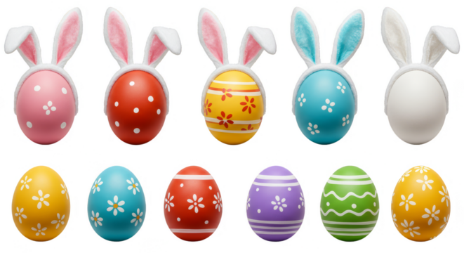 Illustration of Colorful Easter Eggs with Bunny Ears on Transparent Background