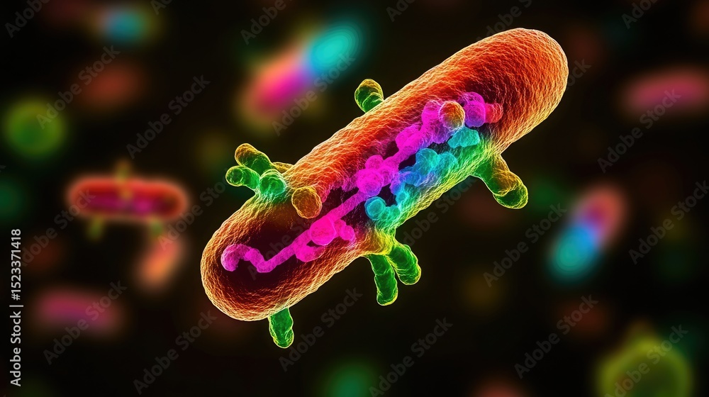 Aufkleber colorful microscopic cell rendering against a dark background with various shapes and colors