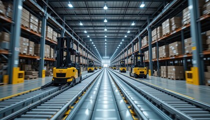 Fototapeta premium Automated forklift transport system in a large warehouse.