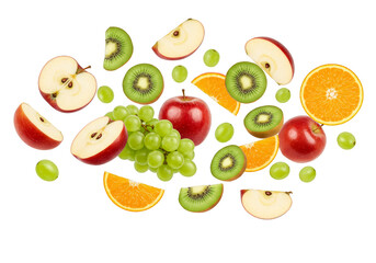 Naklejka premium Isolated Fresh Fruit Slices Apples Kiwi Oranges Grapes Transparent Background