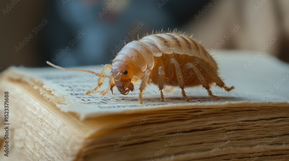 Poster a tiny insect with antennas rests on a textured open book