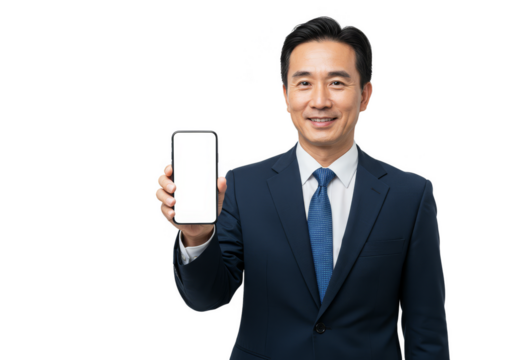 Isolated Businessman Holding Smartphone with Transparent Background