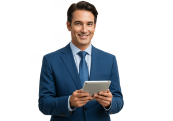 Isolated Businessman Holding Tablet Wearing Suit On Transparent Background