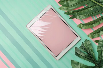 High Definition Picture of Ebook Reader on the Striped Green Background with Pink