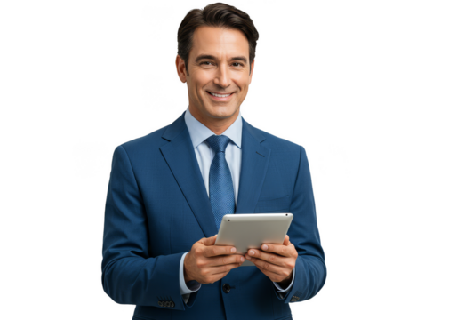 Isolated Businessman Holding Tablet Wearing Suit On Transparent Background