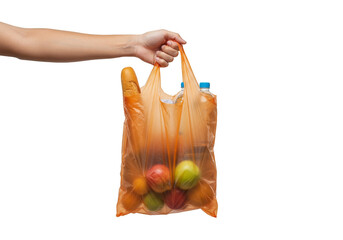 Isolated Studio Shot of Hand Holding Plastic Bag Full of Groceries