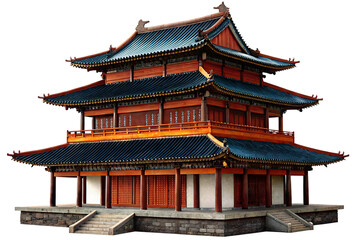 Traditional Chinese Architecture A Multi Tiered Pagoda with Intricate Woodwork and Blue Tiled Roof on Black Background