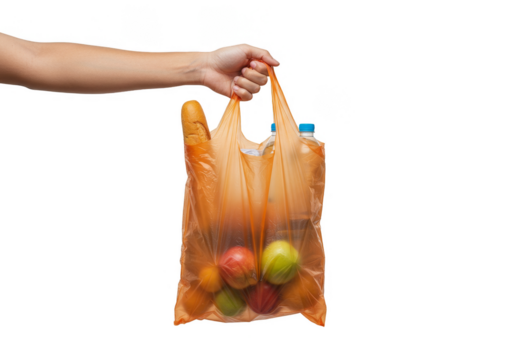 Isolated Studio Shot of Hand Holding Plastic Bag Full of Groceries