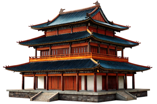 Traditional Chinese Architecture A Multi Tiered Pagoda with Intricate Woodwork and Blue Tiled Roof on Black Background