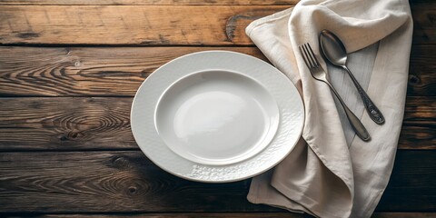 Elegant white ceramic plate set on rustic wooden table perfect for dining experience