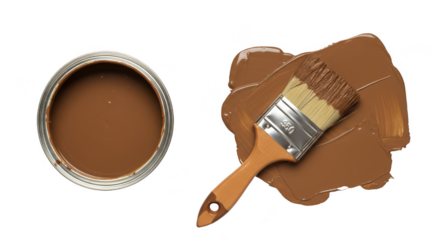 Isolated Top View of Brown Paint Can with Brush on Transparent Background