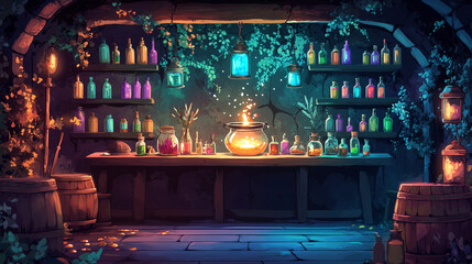  Fantasy potion room with shelves of colorful bottles and a glowing cauldron. Suitable for mobile game backgrounds, UI design, poster or cover artwork