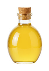 Isolated Transparent Bottle of Yellow Liquid Oil with Cork Stopper