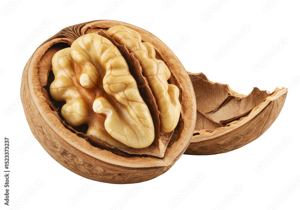 Poster isolated close up of open walnut shell on transparent background