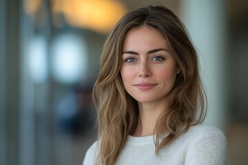 Fototapeta premium Young Woman Portrait in Casual Attire with Natural Light. Smiling, Long-Haired Professional Headshot Showcasing Modern Lifestyle and Female Empowerment