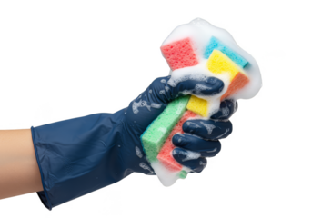 Isolated Colorful Foam Sponge in Gloved Hand on Transparent Background