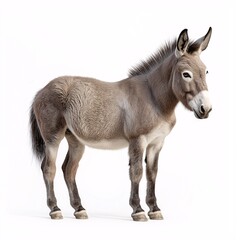 Obraz premium Domesticated Donkey in Pasture. Nature Portrait of a Cute Trotter with Soft Grey Fur and Long Ears in a Country Setting