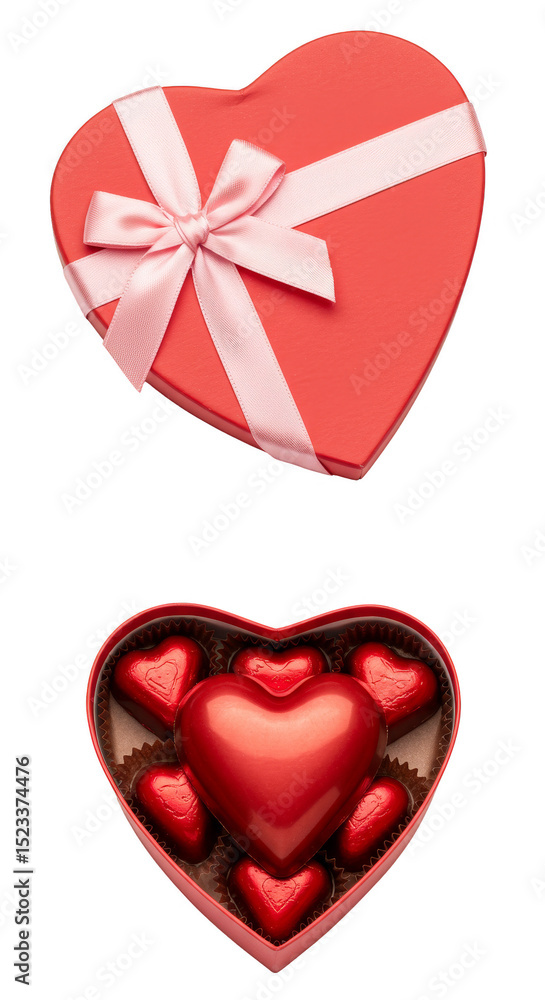 Poster isolated two heart shape boxes with red chocolates on transparent background
