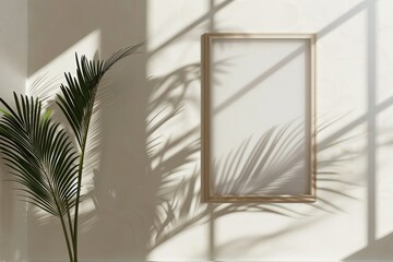 Minimal Hanging Frame Mockup with Window and Palm Shadow Poster Photo Frame Mockup
