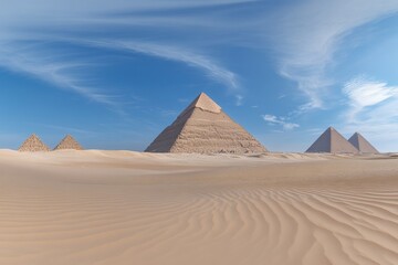 Pyramids rise from the desert under a blue sky with wispy clouds, showcasing majestic ancient architecture