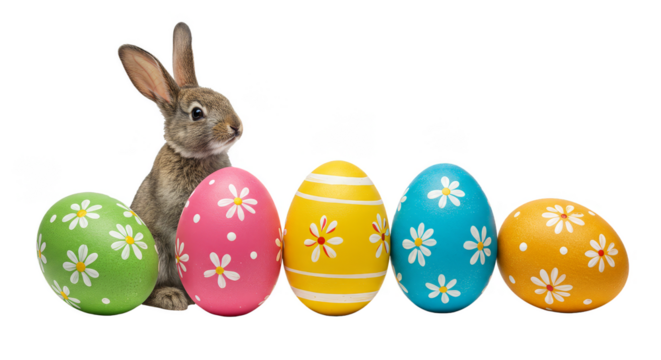 Isolated Easter Bunny With Springtime Colorful Decorative Easter Eggs Png - Powered by Adobe