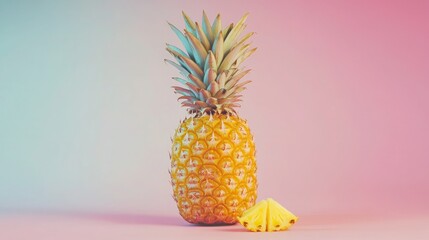 Beautiful and Fresh Pineapple with a Slice on a Pastel Colored Background