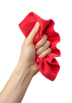 Isolated Image of Hand Gripping a Red Microfiber Cleaning Cloth
