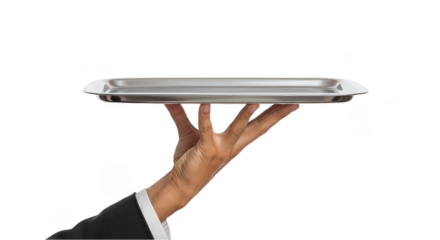 Isolated Image of Hand Holding Silver Tray for Serving on Transparent