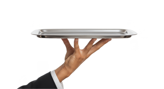 Isolated Image of Hand Holding Silver Tray for Serving on Transparent