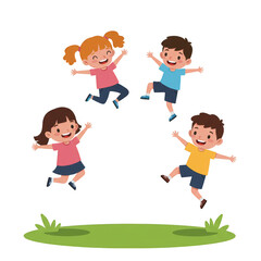 Illustration of Happy Children Jumping on Green Grass Transparent Background