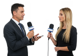 Isolated Interview with Journalist Woman and Man Holding Microphone