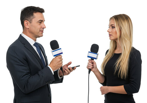 Isolated Interview with Journalist Woman and Man Holding Microphone