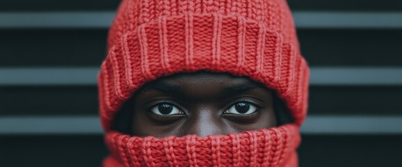 Person with eyes visible, wearing a red knit hat and covering nose and mouth. Looking forward