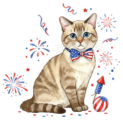 Patriotic Cat Illustration with Fireworks and Bow Tie Celebrating 4th of July