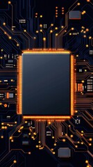 Illuminated dark circuit board with pathways glowing with orange and blue lights