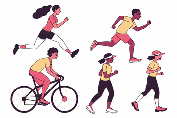 Illustrations of people running cycling and exercising in athletic wear on a white background image vector
