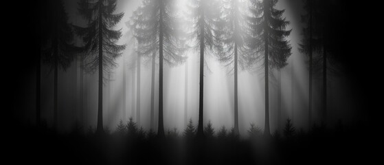 Misty forest scene. Light rays through trees in black and white