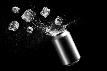 Aluminum Can and Ice Cube with Water Splash