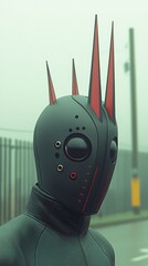 A figure wearing a black mask with red spikes stands on a foggy street