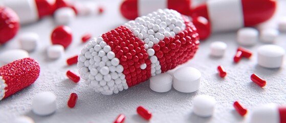 Red & white capsules/tablets scattered on a white surface with varying shapes and sizes in a medical setting