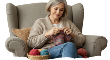 Isolated Photo Of Senior Woman Knitting With Colorful Yarn In Armchair