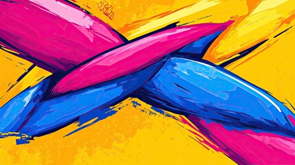 Brushstrokes of pink, blue, and yellow overlap against a textured yellow background in an abstract composition