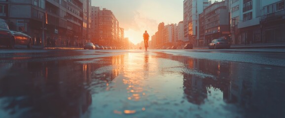 Lone figure walks along wet city street toward radiant sunset, buildings line the road